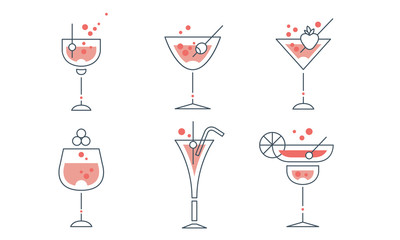 Refreshing Cocktails Collection, Alcohol Drinks Lined Signs Vector Illustration on White Background
