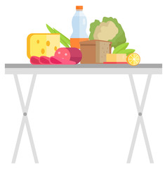 Products on table, meat and cheese, bottle of drink, cabbage and lemon or orange, bread and butter. Food retail, element of garage sale, eat vector
