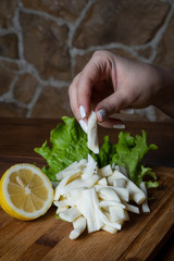 Appetizer for beer, white cheese pigtail on a wooden plate.