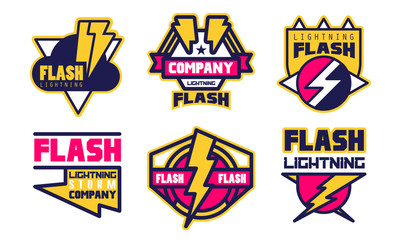 Flash Lightning Storm Company Logo Templates Collection, Electrical or Mechanic Industrial Company Bright Badges Vector Illustration