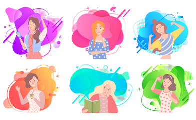 Woman activities set, girls listening to music, drinking coffee, reading book and just relaxing. Vector cartoon females having fun on abstract backgrounds