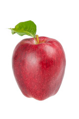 Close-up of red delicious apple with leaf on white background