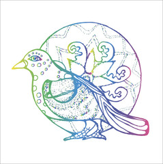 Color gradient illustration of a bird in profile with a background from an ornament in the form of stars with background from an ornamental mandala.