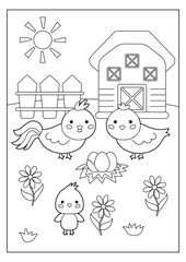 Educational game for kids. Cartoon coloring page with hen and chicken. Farm animals. Vector illustration.