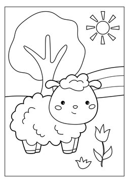 Coloring page for children. Cartoon sheep with flower. Farm animals. Educational game. Vector illustration.