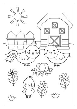 Educational game for kids. Cartoon coloring page with hen and chicken. Farm animals. Vector illustration.
