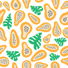 Abstract fruit pattern with papaya. Tropical seamless pattern with papaya and palm leaves.