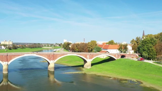 Croatia, town of Sisak, aerial view from drone of the old town center and bridge over Kupa river
