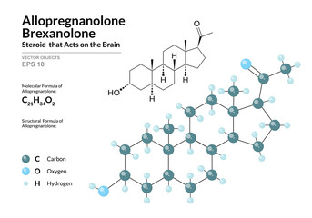 Hormone Allopregnanolone or Brexanolone. Structural Chemical Formula and Molecule 3d Model. Atoms with Color Coding. Vector Illustration