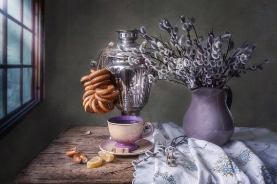 Still life with samovar and bouquet of willow branches