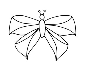 Simple hand-drawn vector sketch in black outline. Stylized abstract moth butterfly isolated on a white background. For prints, children's coloring, gift design, greeting cards, labels. Insects, nature
