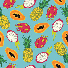 Tropical fruits seamless pattern, pineapple, dragon fruit and, papaya