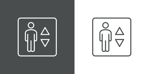 Símbolo ascensor. Hombre con flechas subir bajar. Icono plano lineal en fondo gris y fondo blanco