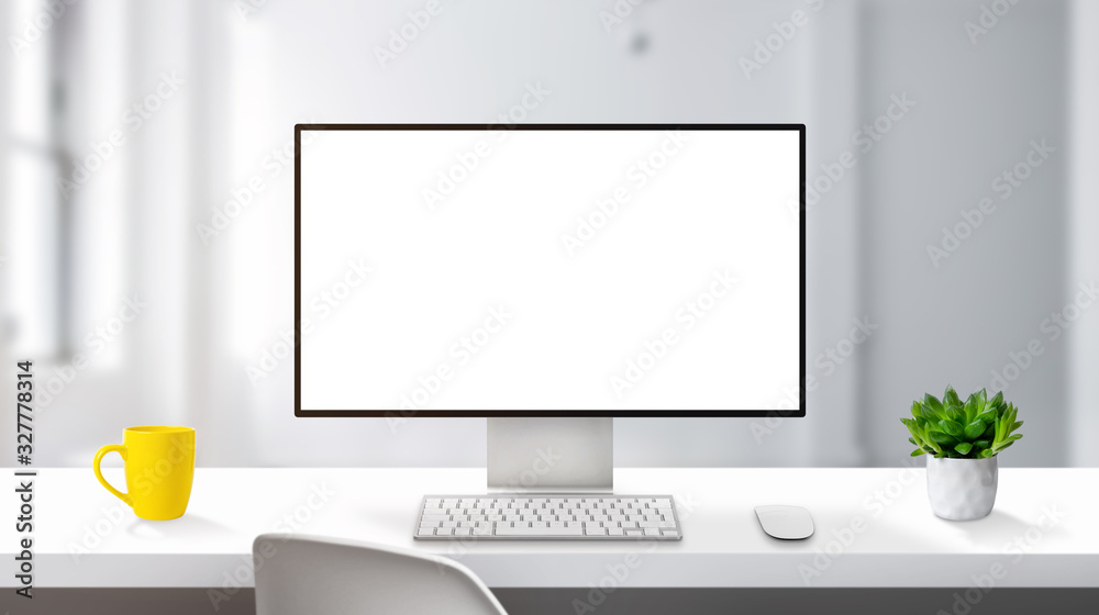 Poster Modern computer display mockup on work desk with thin edges. Professional designer studio concept