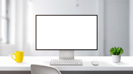 Modern computer display mockup on work desk with thin edges. Professional designer studio concept