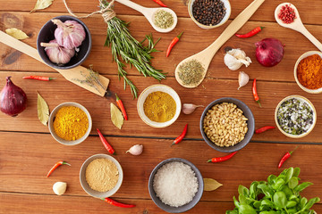 food, culinary and eating concept - bowls with different spices, onion, garlic with pine nuts and red hot chili pepper on wooden table