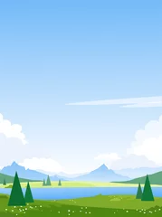 Foto op Plexiglas Beautiful summer mountain landscape with a lake. Spring fields and meadows with a river. Illustration for the design of tourism, travel, adventure. Vector. © Tanya