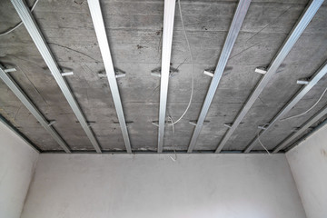 Ceiling structure gypsum. Structure of Ceiling suspended of drywall construction on interior house