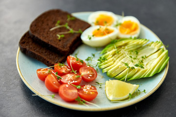 food, eating and breakfast concept - toast bread with cherry tomatoes, avocado, eggs and greens on ceramic plate