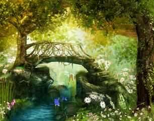 Magical fairy tale forest with an enchanting bridge over a brook