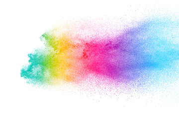 Colorful background of pastel powder explosion.Multi colored dust splash on white background.Painted Holi.