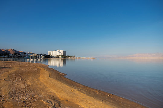 Scenic view on Israel dead sea in winter. Sunny daylight picture with copy space