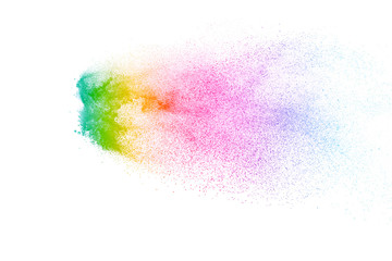 Colorful background of pastel powder explosion.Multi colored dust splash on white background.Painted Holi.