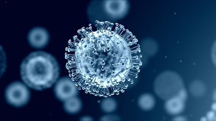 Group of virus cells. 3D illustration of Coronavirus cells Covid-19 - obrazy, fototapety, plakaty