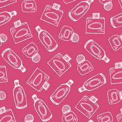 Skin care cosmetic hand drawn vector illustration. Cream, parfume, Serum drop and Face gel or lotion icons. 24 hour face care cream protection. Medical skin cosmetic.