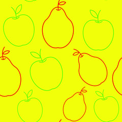Vector seamless pattern. Cute Doodle on a yellow background.An Apple with a green outline and a pear with a red outline.