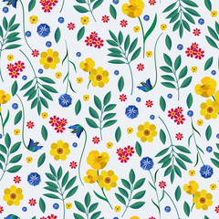 Vector seamless  pattern with  leaves and  flowers on white background.  Floral illustration for textile, print, wallpapers, wrapping.