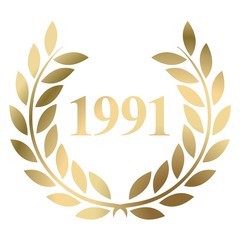 Year 1991 gold laurel wreath vector isolated on a white background 