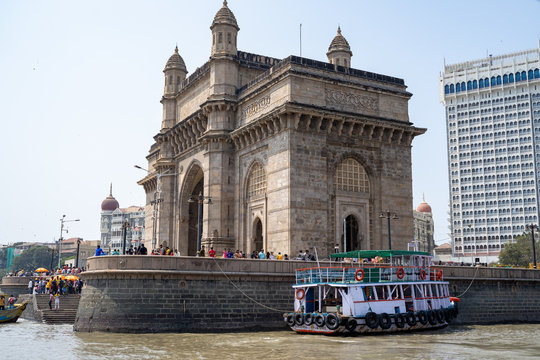 Mumbai, India - Ferry harbor of Mumbai with a view of the Gateway of India