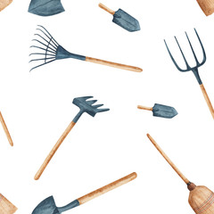 pattern of watercolor garden tools