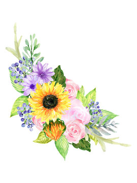 Watercolor beautiful elegant vintage spring summer flower rose sunflower wildflower bouquet hand painted
