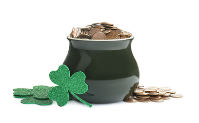 Pot of gold coins and clover on white background. St. Patrick's Day celebration