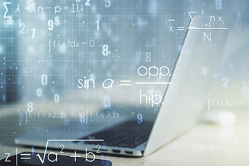 Double exposure of creative scientific formula concept on laptop background, research and...