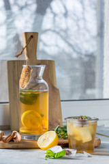 Kombucha or cider fermented drink in bottle. Heathy probiotic drink