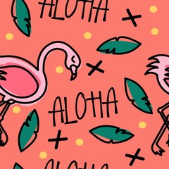 Seamless vector pattern with pink Flamingo. Bright background for summer, beach goods. - 327785949