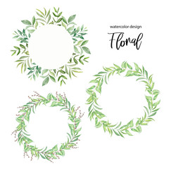 Floral set with watercolor frame and wreaths on a white background.