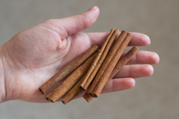 young woman holding cinnamon sticks in her hand