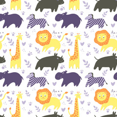 Vector seamless pattern with animals giraffe, zebra, lion, elephant.