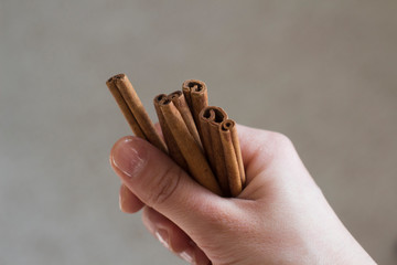 young woman holding cinnamon sticks in her hand