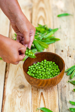 closeup of woman hand depod green peas in brown dish, on wooden table.