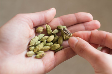 young woman holding cardamom in her hand