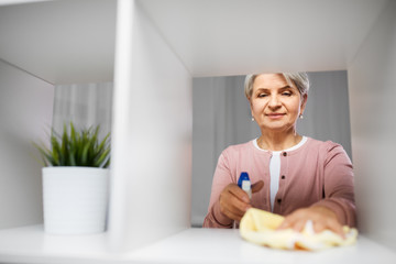 people, housework and housekeeping concept - happy senior woman with dusting cloth and detergent cleaning rack at home