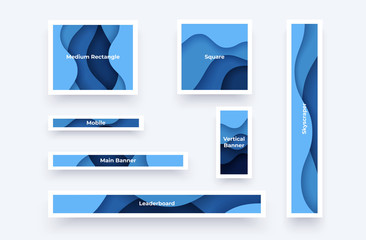 Banner and ad sizes. Paper cut cover templates isolated. Vertical and horizontal brochures, posters. Simple realistic design. Beautiful background. Flat style vector eps10 illustration. Blue color.