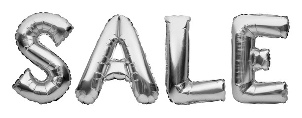 Word SALE made of silver inflatable balloons isolated on white background. Helium balloons silver foil forming word sale. Discount and advertisement