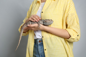 Woman holding bearded lizard on grey background, closeup. Exotic pet