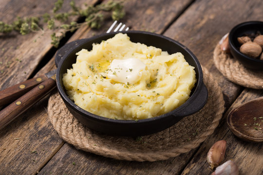 Fresh homemade creamy mashed potato or  potato puree in pan